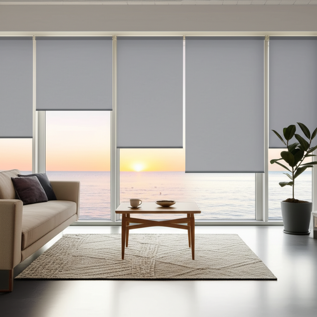 Motorized roller blinds at different heights in a bright modern living room