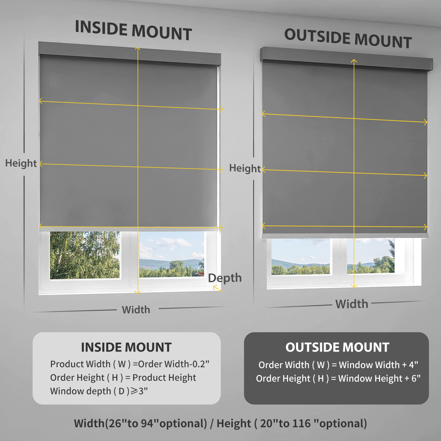 Diagram showing where to measure width and height for inside mount and outside mount roller blinds