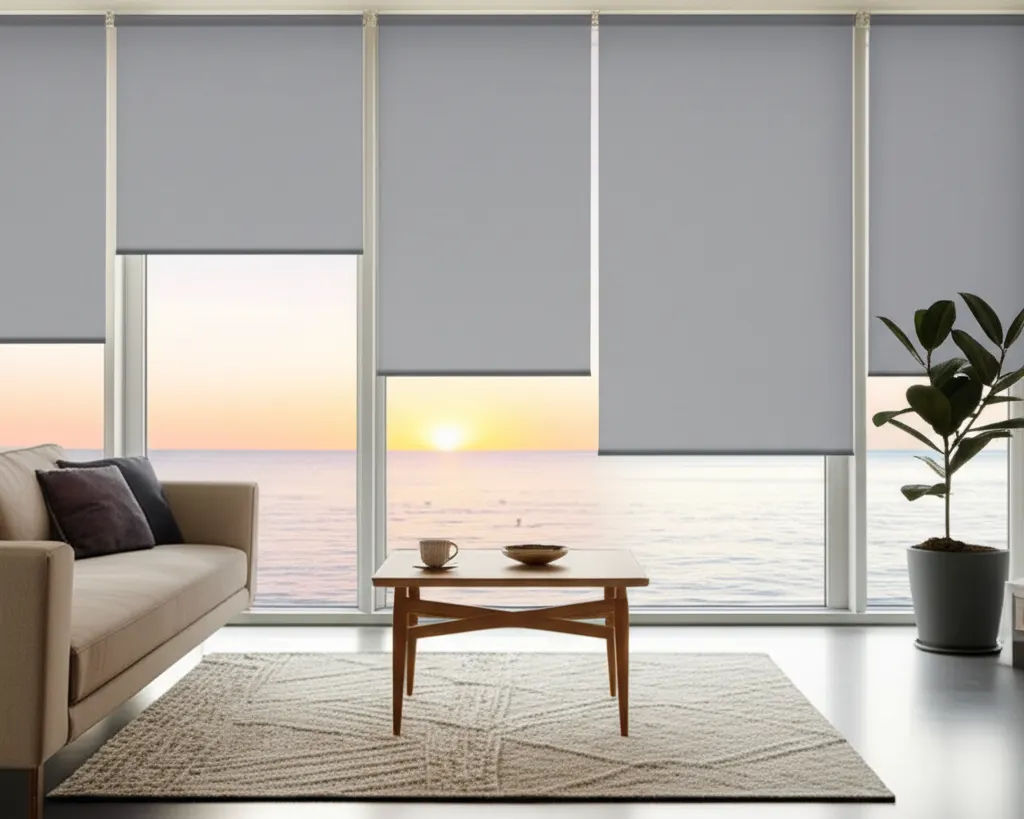 Motorized roller blinds at different heights in a bright modern living room